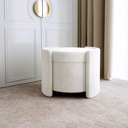 FABS Maeva White Bouclé Fabric Round Storage Stool, W/D/H: 40 x 54 x 46 cm