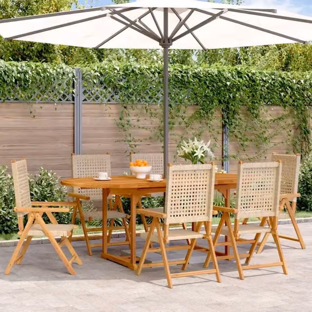 Berkfield Home 7 Piece Modern Garden Dining Set in Beige Poly Rattan and Acacia Wood