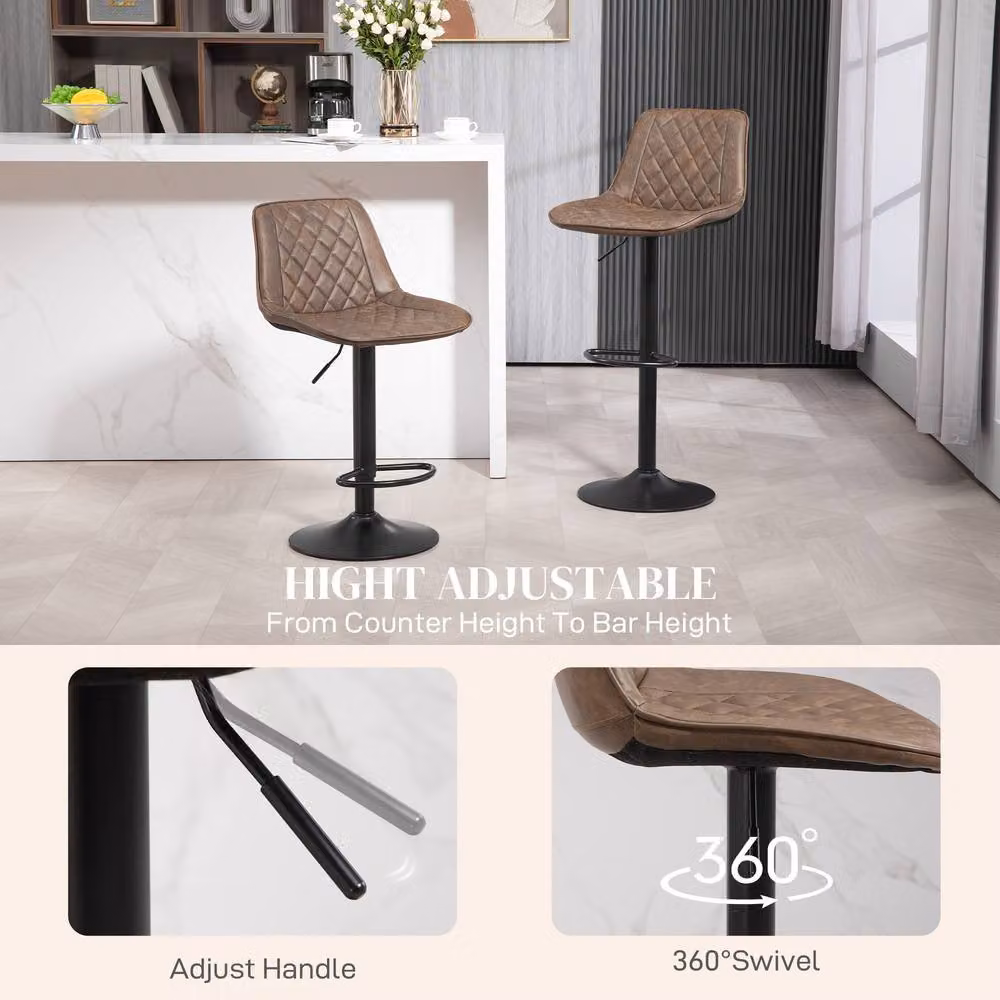STILVORA Set of 2 Modern Adjustable Height Swivel Bar Stools in Brown Synthetic Leather – 6
