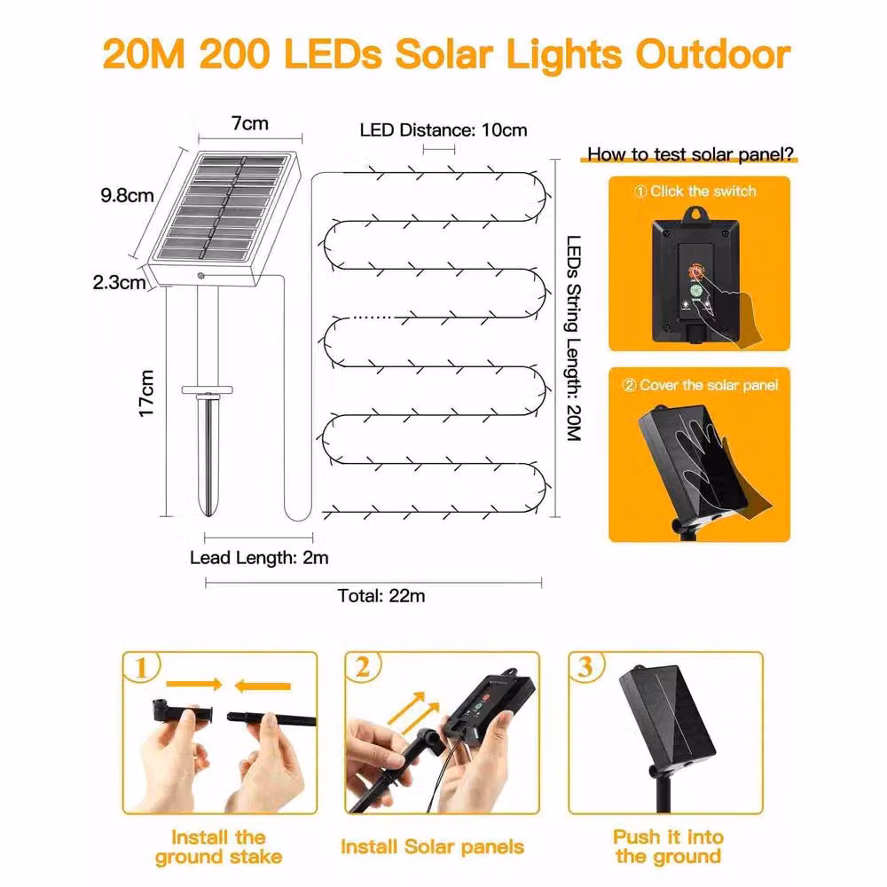 Ollny Warm White Solar String Lights with 200 LEDs, 20m Length, 8 Modes and IP44 Waterproof Rating in Black – 4
