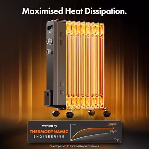 VonHaus 2000W Oil Filled Radiator, Black Freestanding Electric Heater with Adjustable Thermostat and Overheat Protection – 3