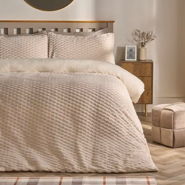 OHS Reversible Waffle Fleece Thermal Duvet Cover and Pillowcase Set in Beige, Double, W/D/H: 140 x 200 cm
