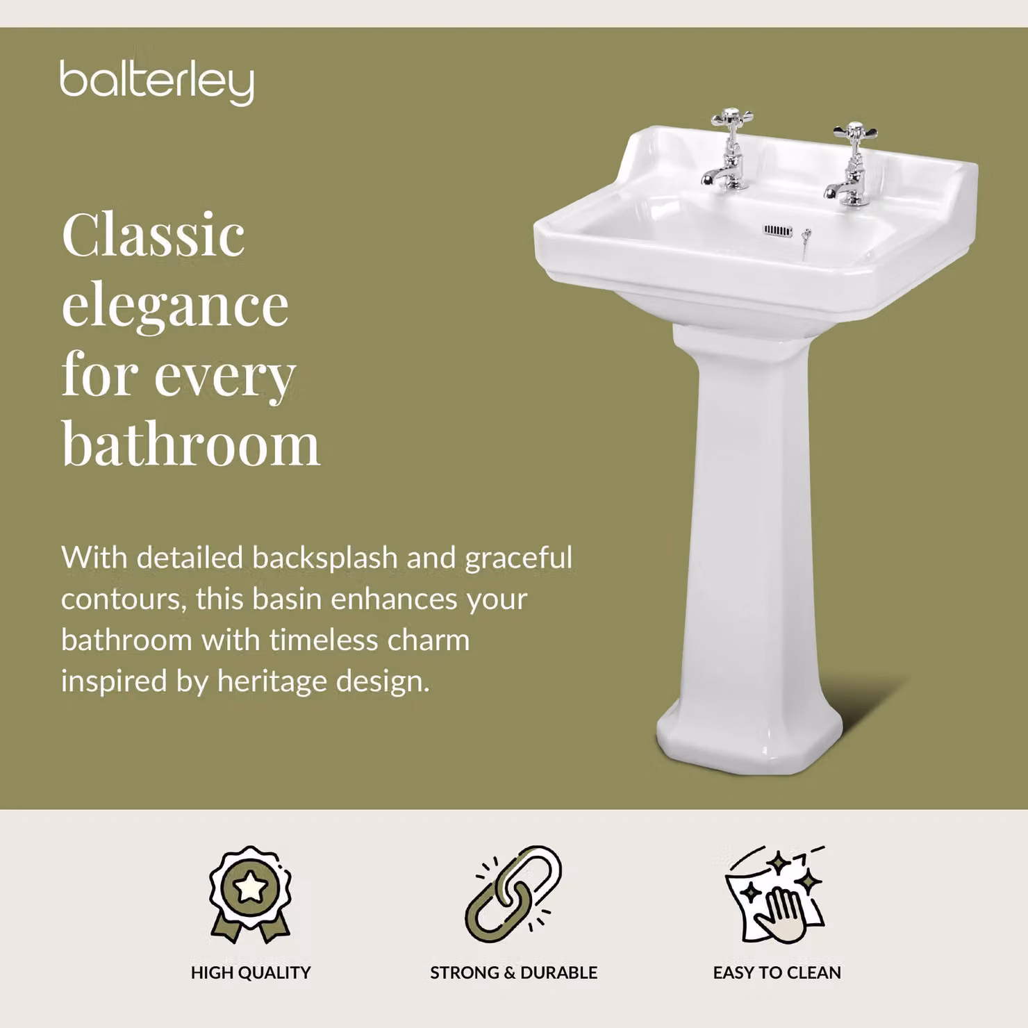 Balterley Traditional Rectangular Ceramic 2 Tap Hole Basin with Full Pedestal, White, W: 56 cm, D: 48 cm, H: 91.5 cm – 2