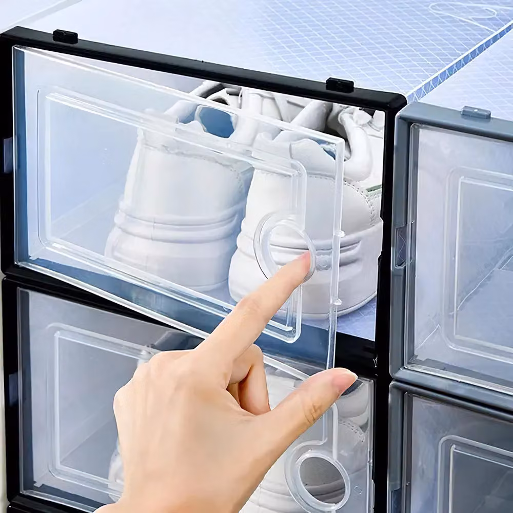 Living and Home 12-Piece Stackable Shoe Storage Box Organiser in Black and Transparent Plastic – 4