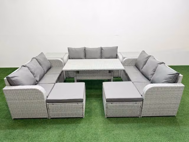 Fimous 11 Seater PE Rattan Outdoor Garden Furniture Set in Grey with Rectangular Dining Table, 3 Seater Sofa, 2 Big Footstools and 2 Side Tables