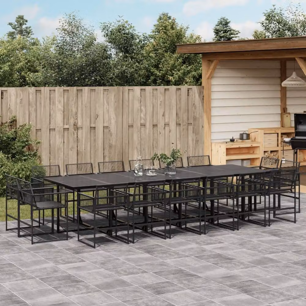 Berkfield Home Beautiful 17 Piece Black Poly Rattan Garden Dining Set with Glass Top Rectangular Table – 2