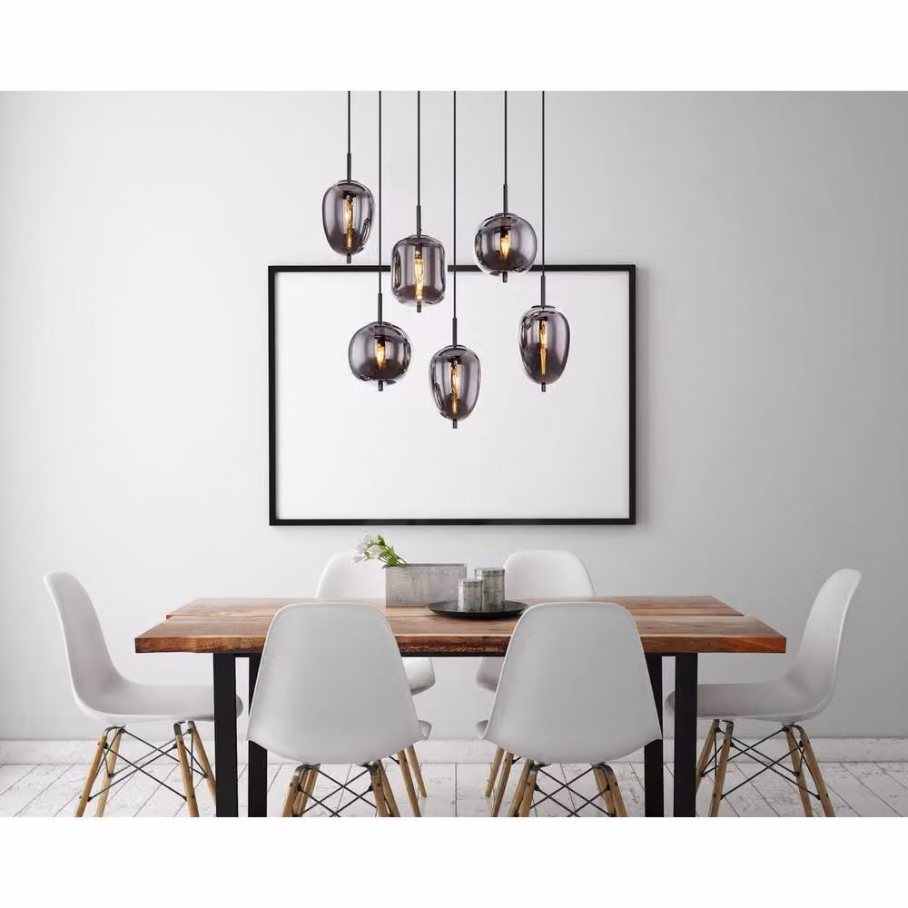 Globo Lighting Blacky Bar Pendant Light with 6 Smoke Grey Glass Shades and Black Metal Finish, W/D/H: 120 x 34 x 34 cm – 6