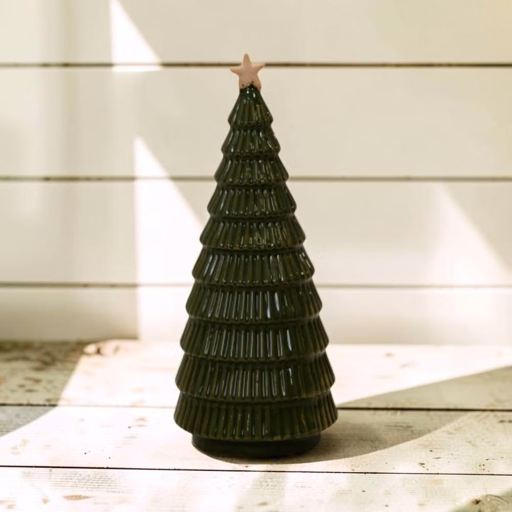 Four Candle Green Glazed Ceramic Christmas Tree with Gold Star Ornament, Height: 20 cm – 2