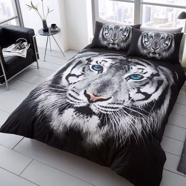 Smart Living Luxury 3D Tiger Face White and Black Cotton Polyester Duvet Cover and Pillowcase Set for Adults