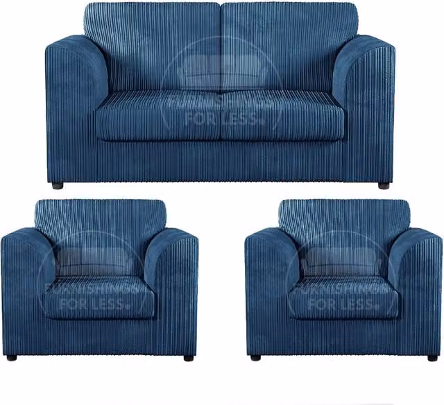 Furnishings For Less UK Luxor 3 Piece Sofa Suite in Blue Jumbo Cord Fabric with 2 Seater Sofa and 2 Armchairs – 1