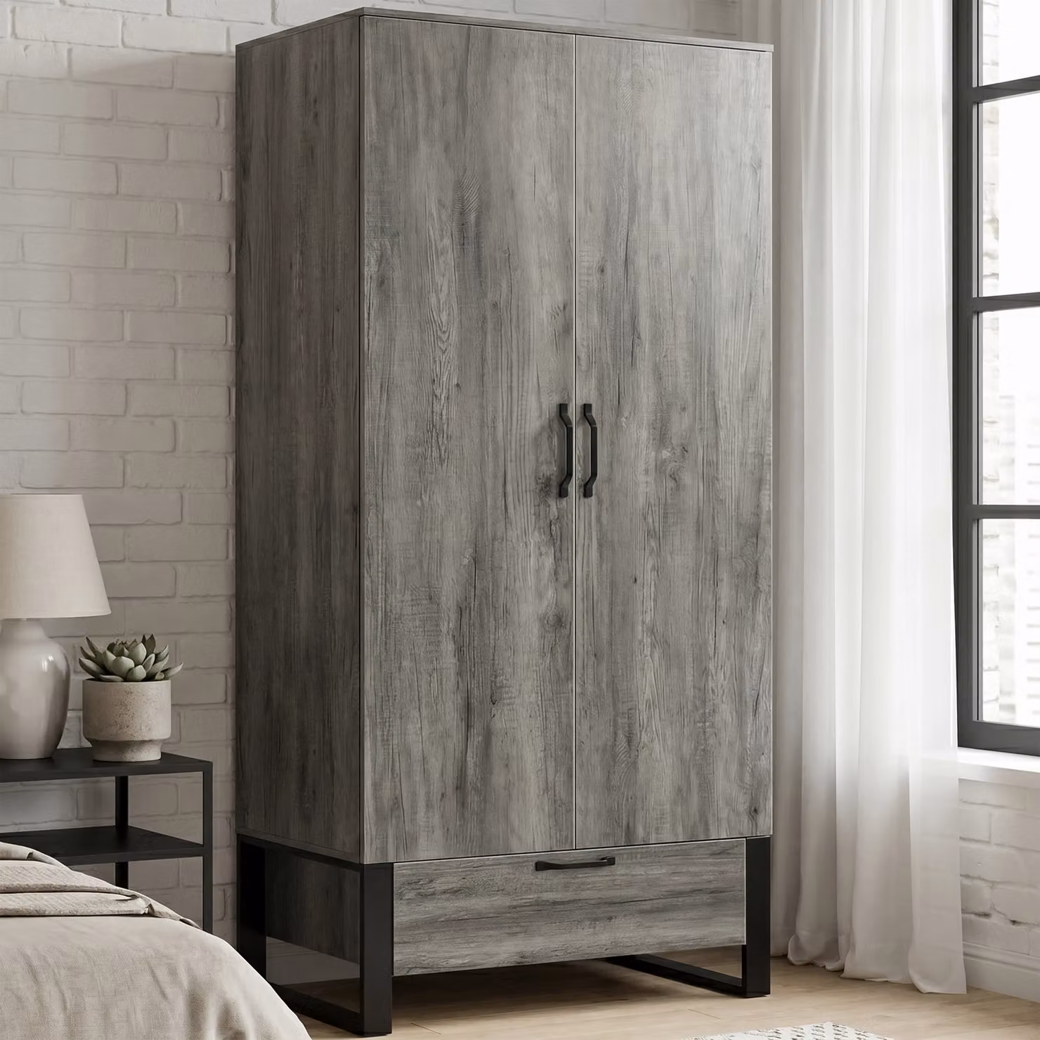 DHS Millwright Industrial 2 Door Wardrobe with Drawer in Grey and Black Wood Effect, H 185 x W 90 x D 54 cm