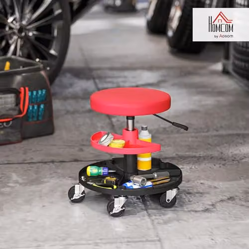 HOMCOM Rolling Mechanic Stool in Red with Castors and Synthetic Leather Seat – 2