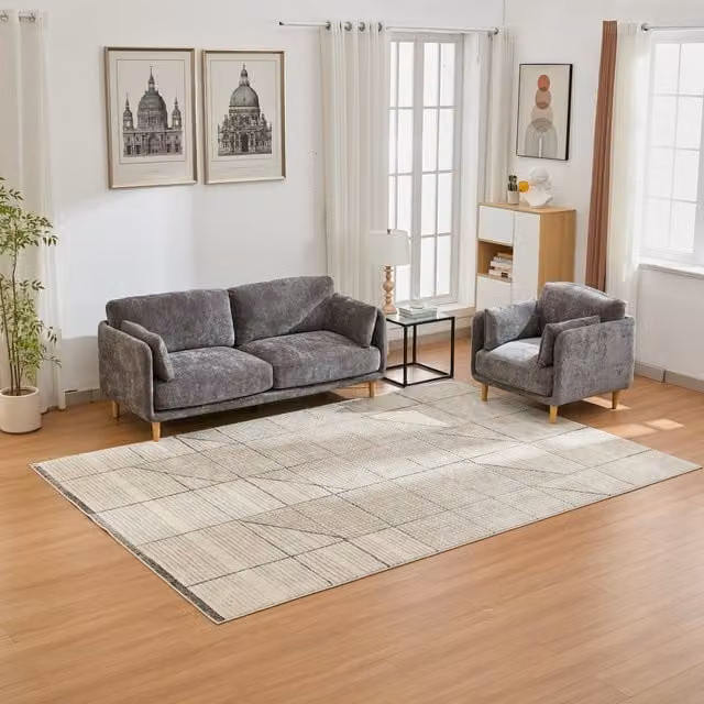 Furniture One Mid Century Modern Upholstered Fabric Sofa Couch Set in Grey