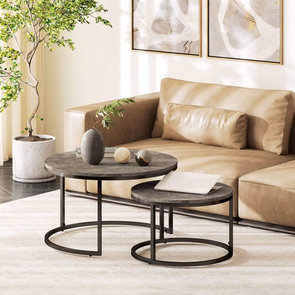 STILVORA Set of 2 Round Nesting Coffee Tables with Black Metal Frame and Grey Composite Tops – 2