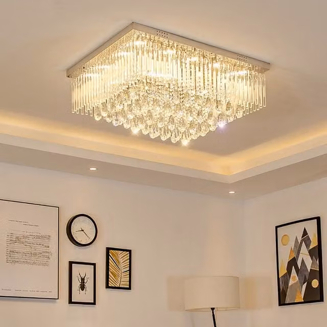 Modern Square Crystal LED Flush Ceiling Light Chandelier in Chrome and Silver, Dimmable with Remote Control, W: 60 cm