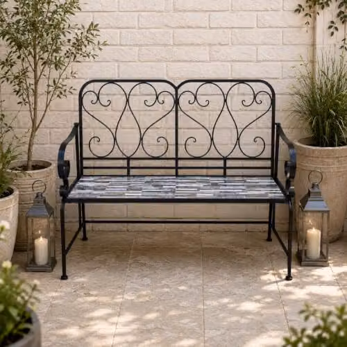 Shatchi Oasis Mediterranean Mosaic 2 Seater Garden Bench in Multicolour Metal and Ceramic Tile, W: 112 cm, H: 96 cm, D: 47 cm – 9