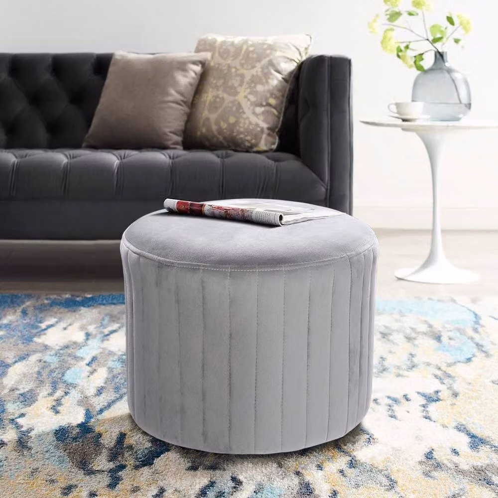 ExtraStar Round Grey Velvet Channel-Tufted Pouffe Ottoman Footstool – 3