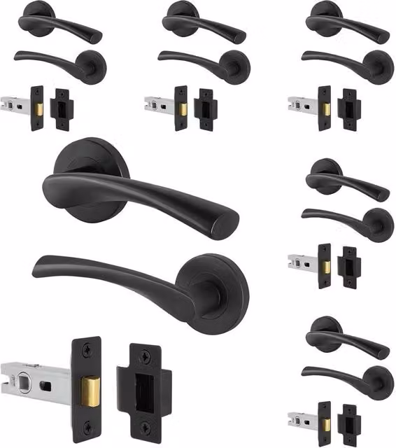 AFIT Matt Black Internal Door Handles with Latch, 6 Pairs, Rose Style, 150 x 150 mm – 1