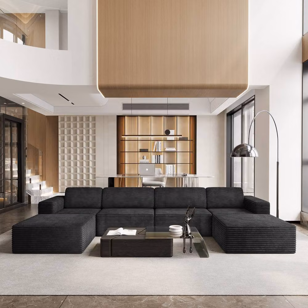 Dprodo Black Corduroy Modular U-Shape Sofa with Matching Ottoman and Removable Covers – 7