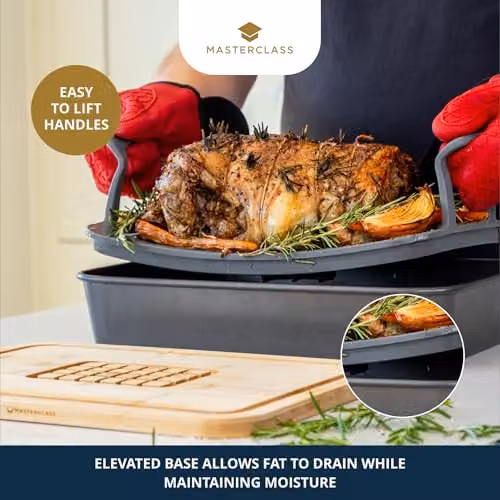 MasterClass 2 Piece Roast and Rest Set in Grey, Heat Resistant Silicone and Wood Roasting Rack with Resting Board – 4