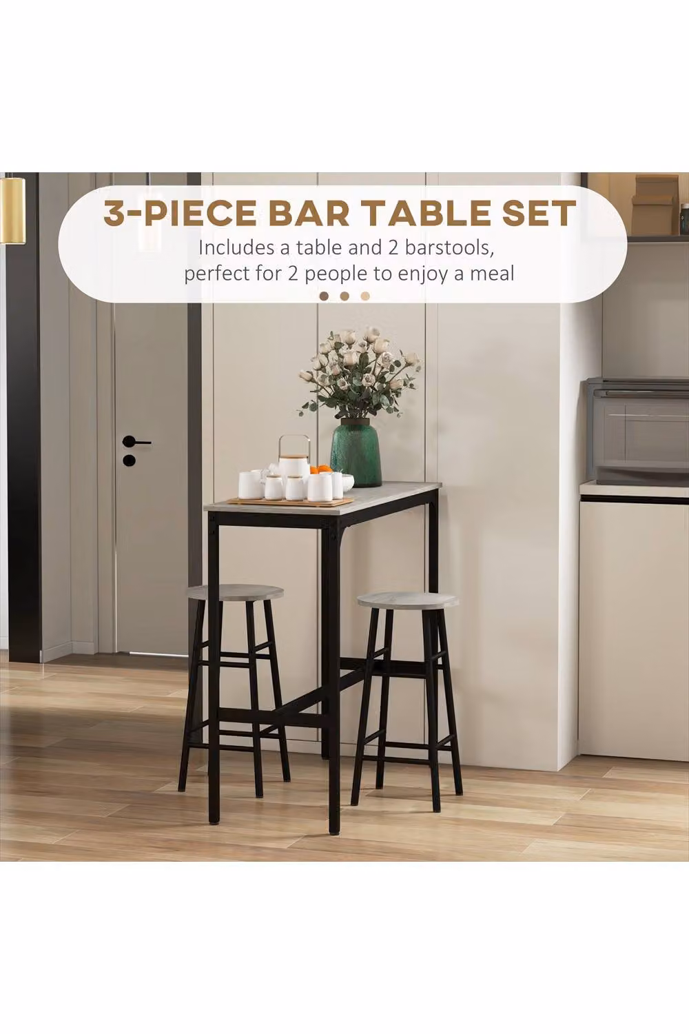 ERGOVEXA 3 Piece Industrial Bar Table and 2 Stools Set in Grey and Black – 3