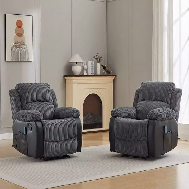 FURNITURE ONE Grey Corduroy Fabric Electric Massage Sofa Set with 2 Seater and Armchair