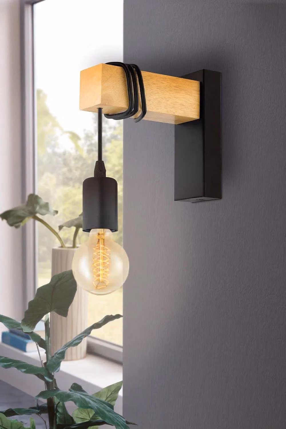 Eglo Townshend Industrial Wall Light in Brown and Black Wood and Metal – 3