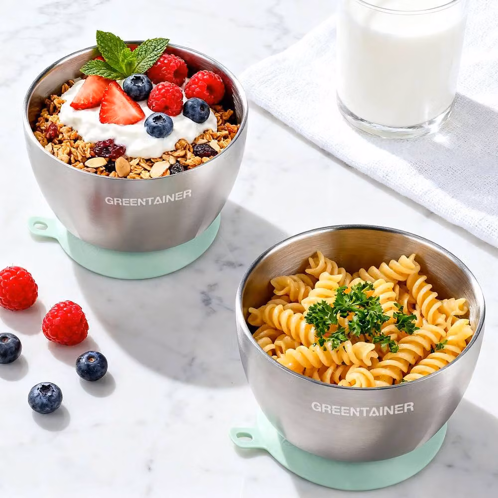 Greentainer 3-Piece Unbreakable Double-Wall Insulated Baby Bowl Set in Green – 4