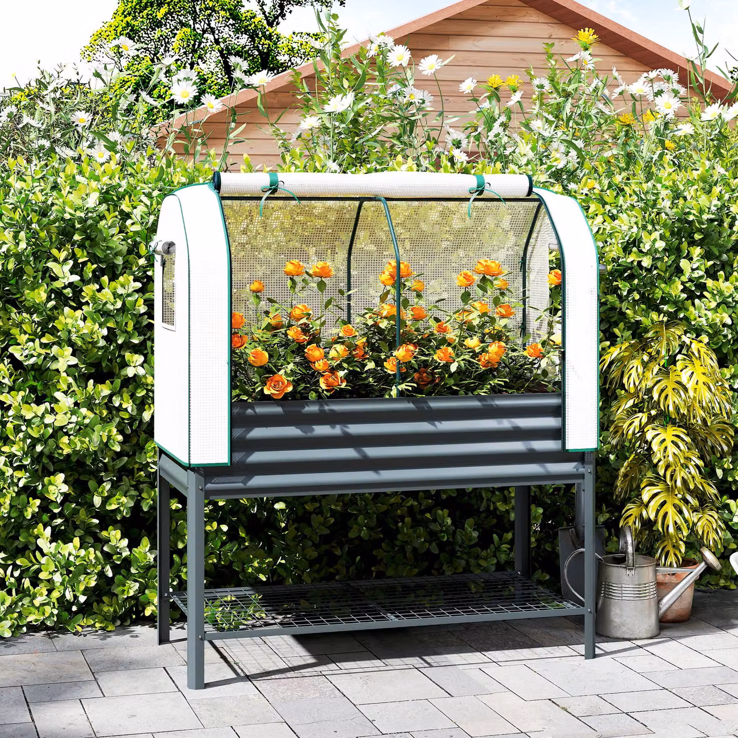 Outsunny Grey Galvanised Metal Raised Planter with Greenhouse Cover, Bed Liner and Bottom Shelf, W/D/H: 140 x 120 x 55 cm – 2