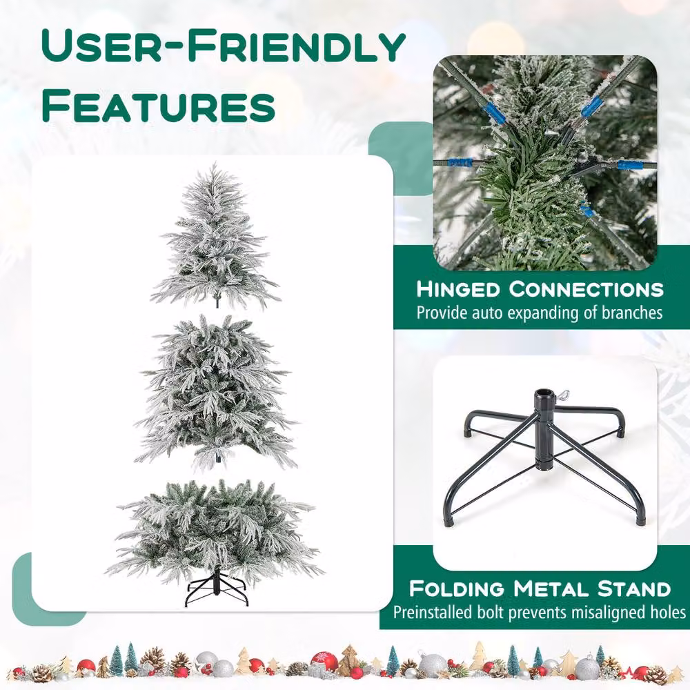 Costway 6 FT Flocked Artificial Christmas Tree with 820 PVC Branch Tips in Multicolour – 4