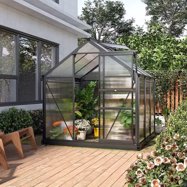 Outsunny Polycarbonate and Aluminium Walk-In Garden Greenhouse with Sliding Door and Window, Grey and Transparent, H: 190 cm – 7