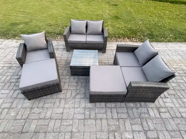 Fimous 7 Seater Rattan Outdoor Garden Furniture Set in Dark Grey with Table and 2 Ottomans