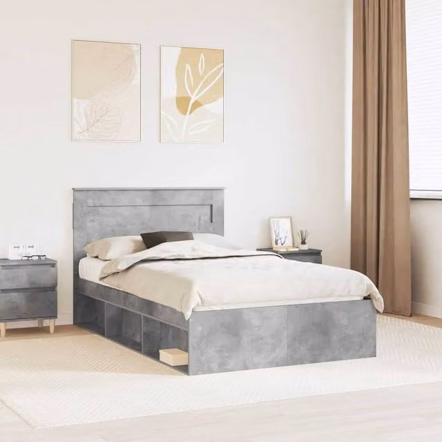 Berkfield Home Modern Bed Frame in Grey Solid Pine and Engineered Wood, W: 135 cm, L: 190 cm