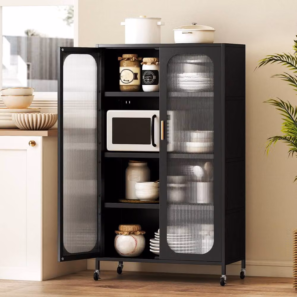 Gymax 5-Tier Tall Kitchen Pantry Cabinet with 2 Hinged Doors and Wheels in Black – 7