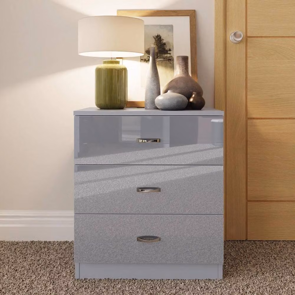 VOGREX Modern Grey Gloss 3 Drawer Bedside Table – 2