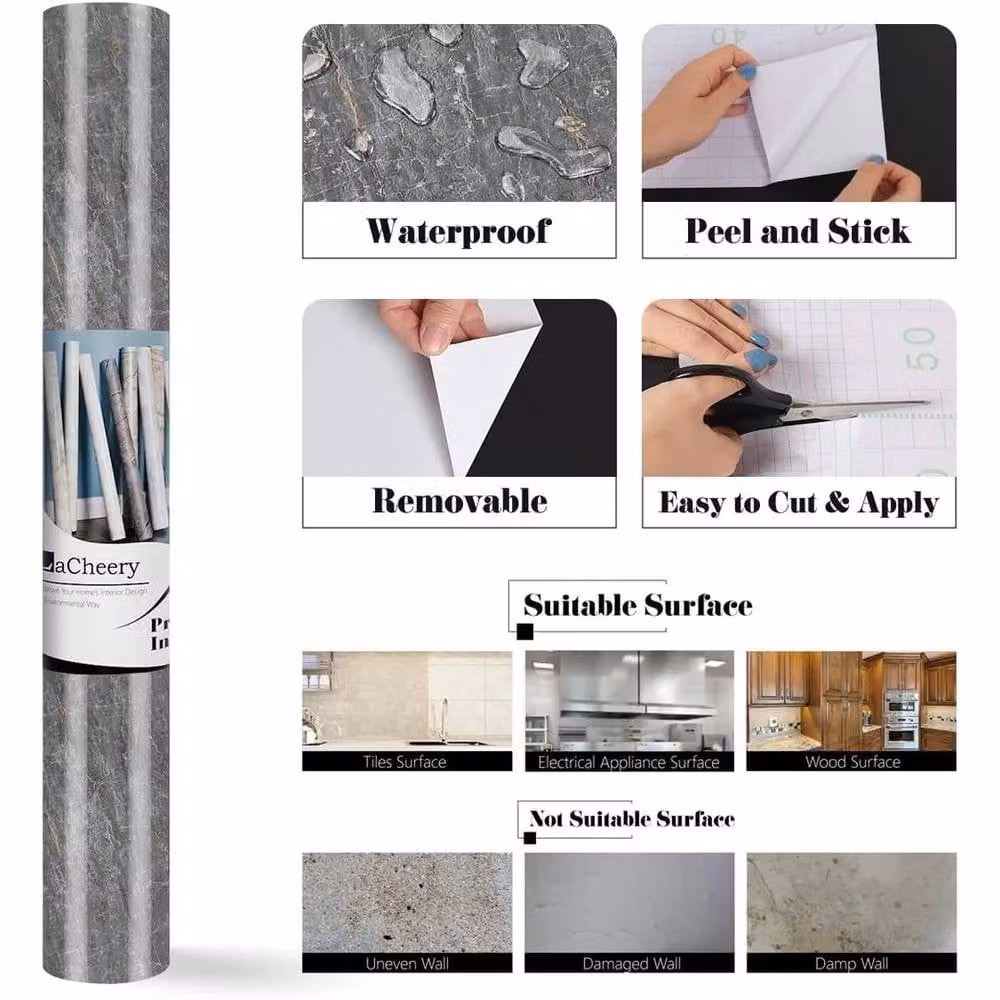 NESTLUNE Grey Marble Tile Waterproof PVC Wallpaper for Kitchen and Bathroom, W: 100 cm, H: 15 cm – 3