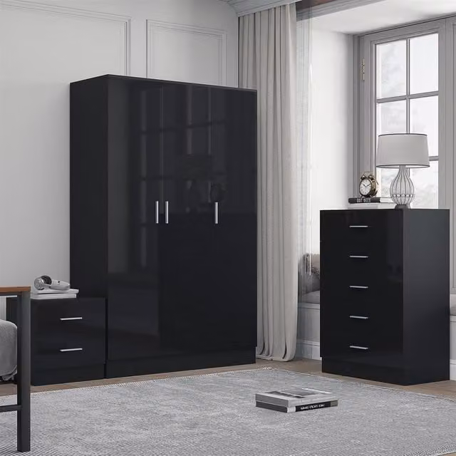 REFLECT Bedroom Furniture Bundle featuring 3-Door Plain Wardrobe, Chest of Drawers and Bedside Table in Black Gloss and Matt Black