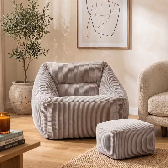 icon Natalia Cord Bean Bag Chair and Footstool Bundle with Filling Included, Grey – 1