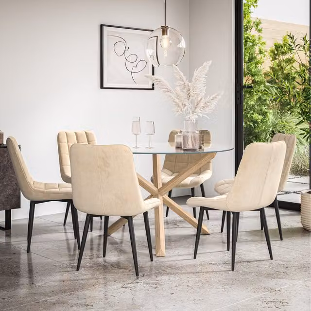More4Homes Malvern Round Glass Dining Table Set with Oak Legs and 6 Beige Nova Velvet Chairs