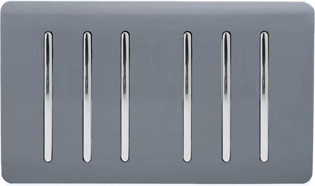 Trendi 6 Gang 2 Way Screwless Raised Front Double Plate Modern Glossy 10 Amp Rocker Electrical Wall Light Switch in Warm Grey and Chrome
