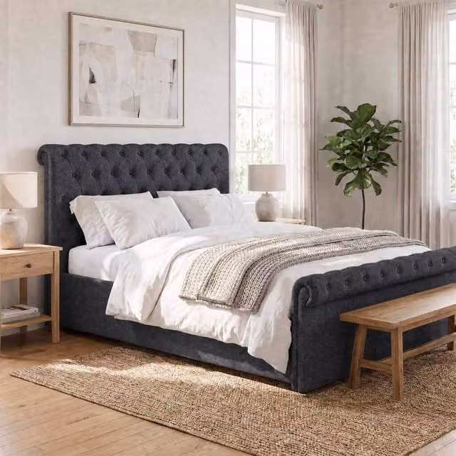 FWStyle Abbey King Size Upholstered Ottoman Bed Frame in Charcoal Grey with Scroll Buttoned Headboard, W/D/H: 180 x 200 x 123 cm