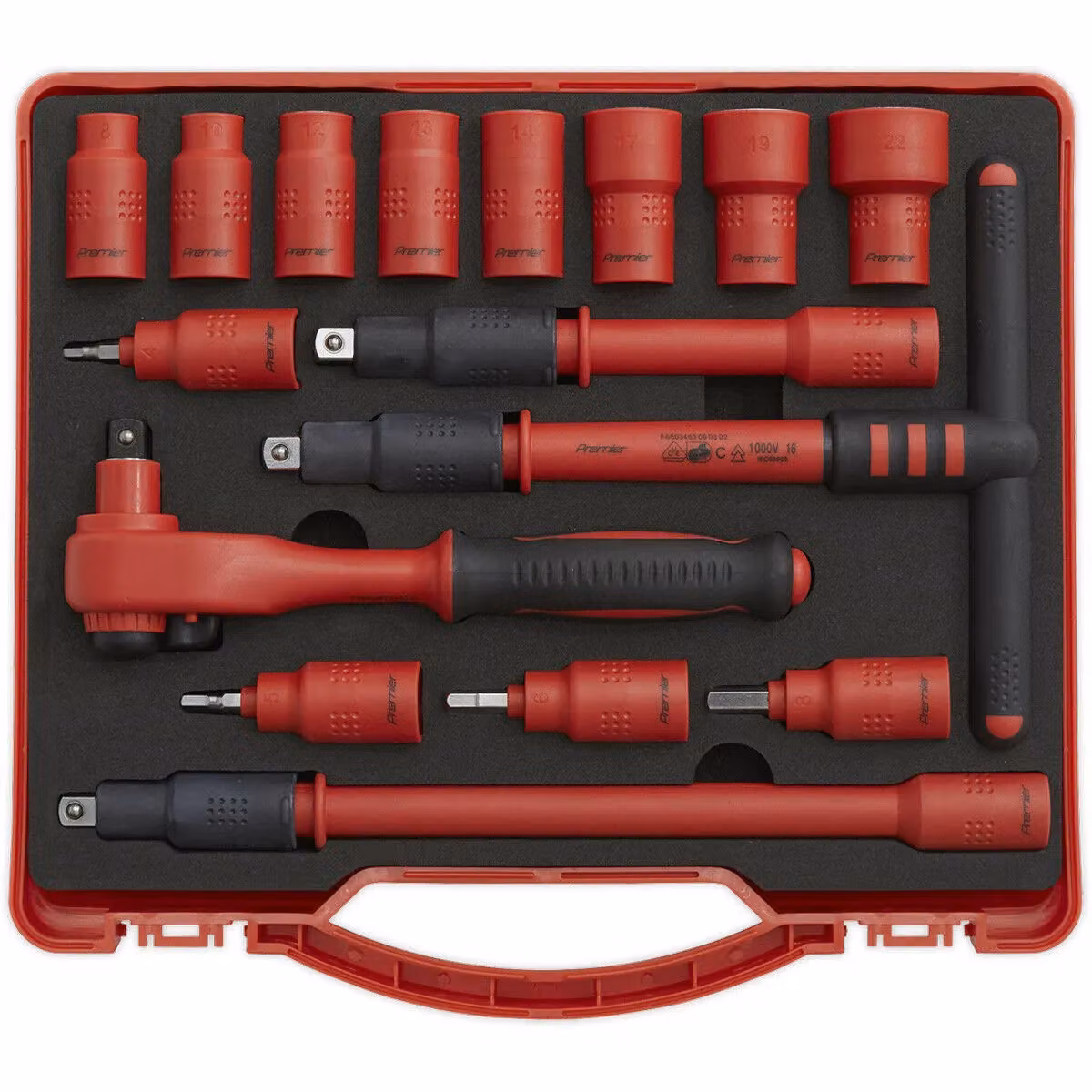 Loops 16pc VDE Insulated Socket and Ratchet Handle Set, 3/8 inch Square Drive, 6 Point Metric, Red and Multicolour – 4