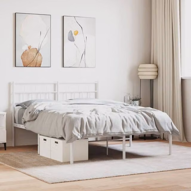 Berkfield Home Metal Bed Frame with Headboard in White, W/D/H: 150 x 200 cm – 1