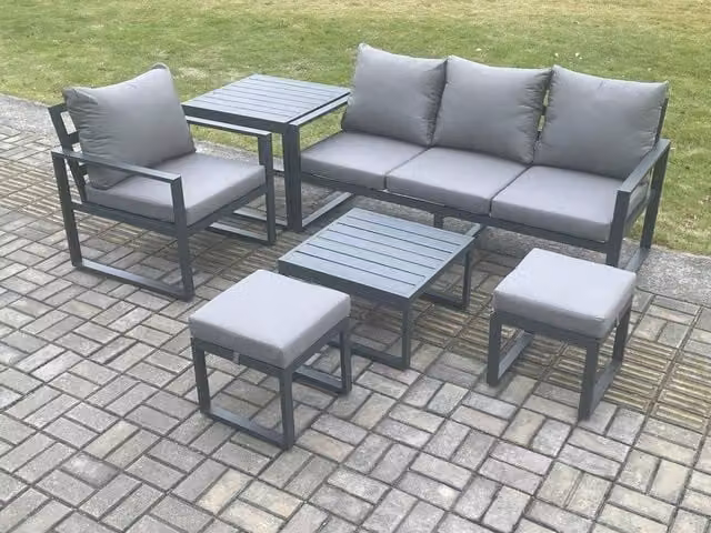 Fimous Grey Powder Coated Aluminium Outdoor Garden Furniture Set with 3 Seater Sofa, Armchair, Coffee Table and Ottoman