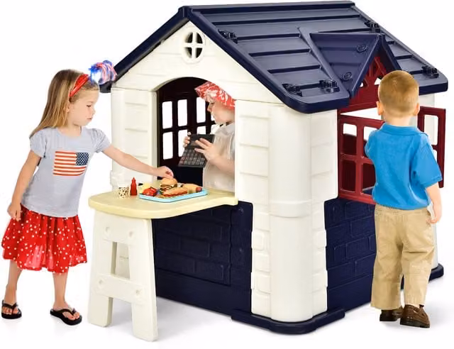 COSTWAY Blue Plastic Kids Cottage Dollhouse Playhouse
