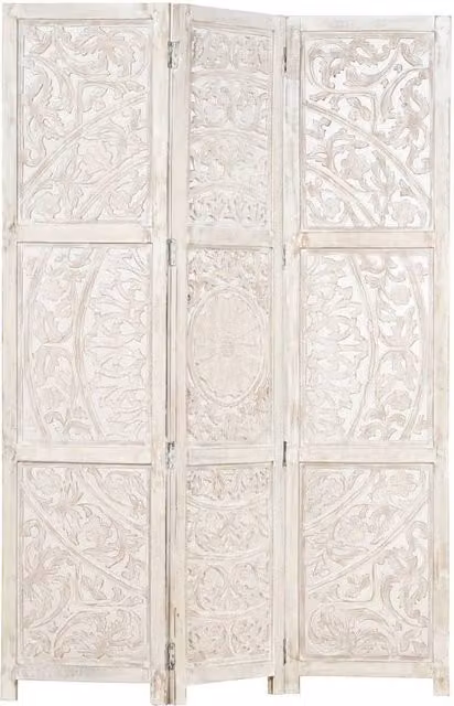 Berkfield Home Hand Carved 3-Panel Floral Room Divider in White Solid Mango Wood W/H: 120 x 165 cm