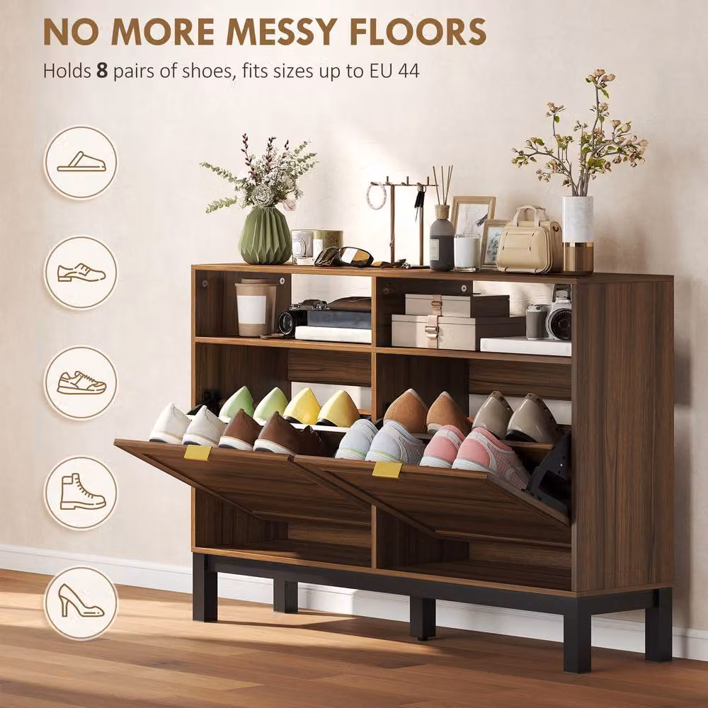 STILVORA Modern Shoe Cabinet in Brown with Tilting Compartments and Open Shelves – 4
