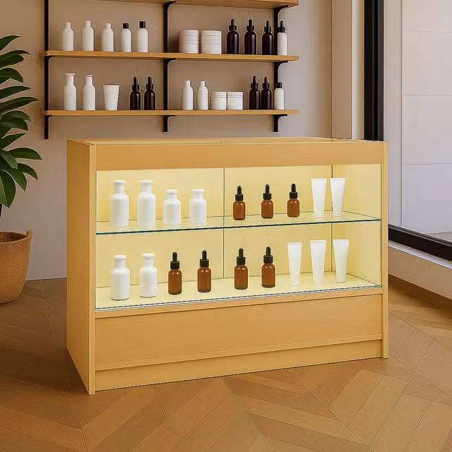 Monster Shop C1200 LED Shop Counter in Beige with Glass Doors and Integrated Lighting