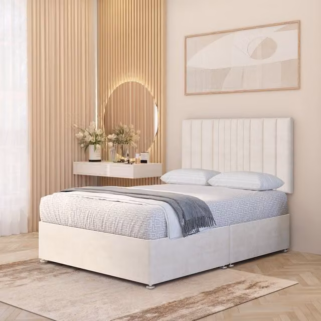 Somnior Beds Ltd Arizona Plush Velvet Orthopaedic Divan Bed Set with Hybrid Mattress and 32 inch Headboard, Ivory, W/D/H: 200 x 180 x 34.5 cm