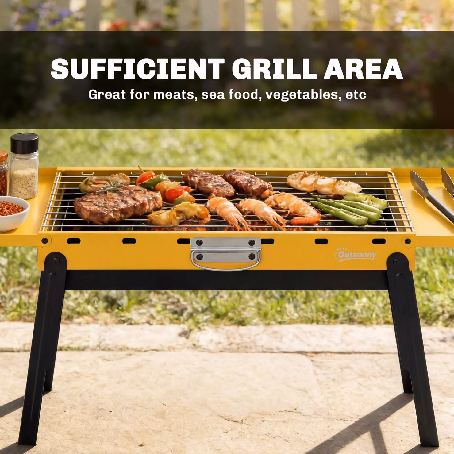 Outsunny Portable Charcoal BBQ Grill in Yellow with 2 Side Shelves and Handle – 6